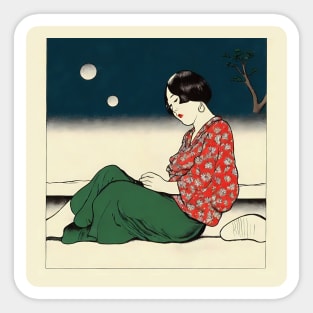 Pensive asian woman sitting on the floor Sticker